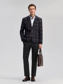 Officeau Men's Old Money Navy Blue Plaid Blazer, For Business Formal/Evening Wear - Navy Blue - View 4