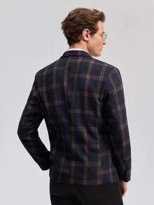 Officeau Men's Old Money Navy Blue Plaid Blazer, For Business Formal/Evening Wear - Navy Blue - View 3