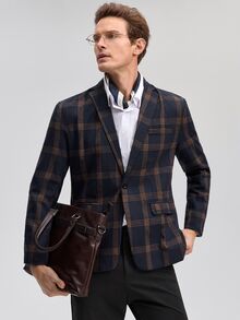 Officeau Men's Old Money Navy Blue Plaid Blazer, For Business Formal/Evening Wear - Navy Blue - View 5
