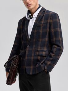 Officeau Men's Old Money Navy Blue Plaid Blazer, For Business Formal/Evening Wear - Navy Blue - View 7