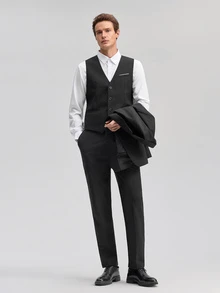 Officeau Men's 3pcs Black Luxury Wedding Suit Set, Blazer & Waistcoat & Pants, For Grooms/Groomsman/Guest - Black - View 5