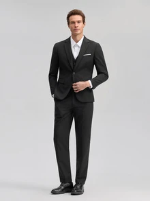Officeau Men's 3pcs Black Luxury Wedding Suit Set, Blazer & Waistcoat & Pants, For Grooms/Groomsman/Guest - Black - View 4