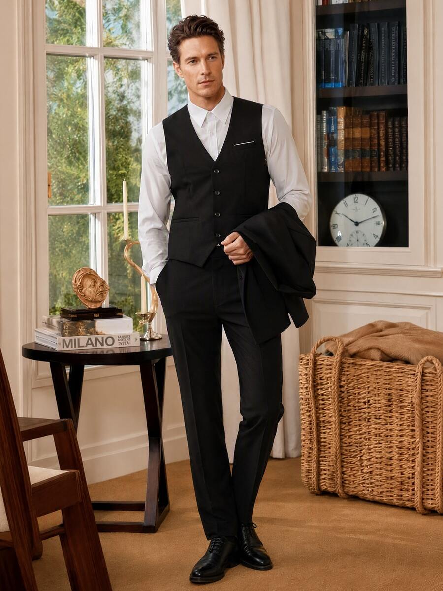 Officeau Men's 3pcs Black Luxury Wedding Suit Set, Blazer & Waistcoat & Pants, For Grooms/Groomsman/Guest