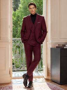 Officeau Setelan Jas Pria 3 Potong Warna Burgundy, Blazer, Rompi, dan Celana, Tuxedo untuk Pernikahan/Acara Malam/Pesta Prom/Pesta - Burgundy - View 1
