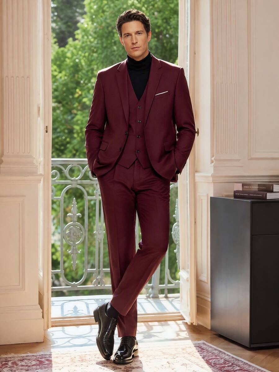 Officeau Setelan Jas Pria 3 Potong Warna Burgundy, Blazer, Rompi, dan Celana, Tuxedo untuk Pernikahan/Acara Malam/Pesta Prom/Pesta - Burgundy - View 1