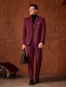 Officeau Setelan Jas Pria 3 Potong Warna Burgundy, Blazer, Rompi, dan Celana, Tuxedo untuk Pernikahan/Acara Malam/Pesta Prom/Pesta - Burgundy - View 3