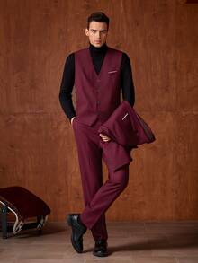 Officeau Setelan Jas Pria 3 Potong Warna Burgundy, Blazer, Rompi, dan Celana, Tuxedo untuk Pernikahan/Acara Malam/Pesta Prom/Pesta - Burgundy - View 8
