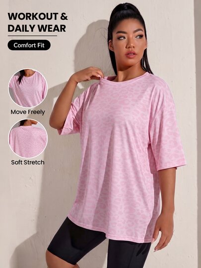SHEIN Rhythm Era Lässiges vielseitiges rosa Sporttop in großen Größen mit Rundhalsausschnitt, leicht, für Fitness und Sommer