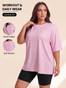 SHEIN Rhythm Era Casual Versatile Pink Plus Size Round Neck Lightweight Sports Top Gym Active Summer - Multicolor - View 3