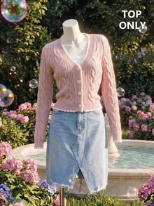 SHEIN MOD V-Neck Slim Fit Cable Knit Textured Cardigan - Pink - View 4