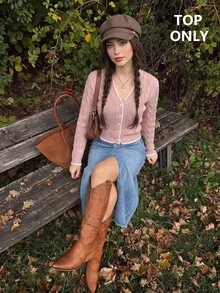 SHEIN MOD V-Neck Slim Fit Cable Knit Textured Cardigan - Pink - View 9