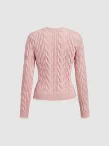 SHEIN MOD V-Neck Slim Fit Cable Knit Textured Cardigan - Pink - View 3
