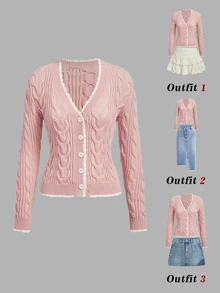 SHEIN MOD V-Neck Slim Fit Cable Knit Textured Cardigan - Pink - View 1