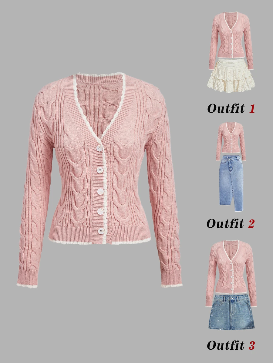 SHEIN MOD V-Neck Slim Fit Cable Knit Textured Cardigan - Pink - View 1