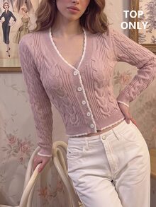 SHEIN MOD V-Neck Slim Fit Cable Knit Textured Cardigan - Pink - View 6