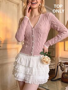 SHEIN MOD V-Neck Slim Fit Cable Knit Textured Cardigan - Pink - View 2