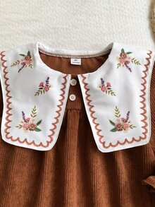 SHEIN 女童燈芯絨洋裝 甜美棕色花朵刺繡 彼得潘領圓領 長袖泡泡袖 百褶裙 生日派對 秋季聖誕穿搭 - 棕色 - 查看 7