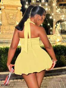 BamGleam Gaun Mini Wanita Seksi Musim Panas Warna Polos Tanpa Punggung dengan Hem Gelembung untuk Pakaian Tahun Baru - Kuning - View 2
