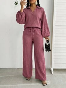 SHEIN Lady Setelan 2 Potong Kemeja & Celana Kasual Wanita, Musim Gugur - Berwarna merah muda - View 6