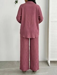 SHEIN Lady Setelan 2 Potong Kemeja & Celana Kasual Wanita, Musim Gugur - Berwarna merah muda - View 8