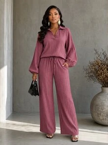 SHEIN Lady Setelan 2 Potong Kemeja & Celana Kasual Wanita, Musim Gugur - Berwarna merah muda - View 4