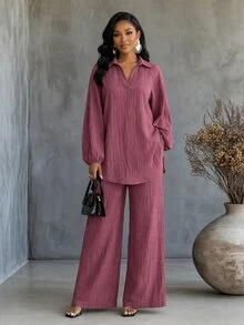 SHEIN Lady Setelan 2 Potong Kemeja & Celana Kasual Wanita, Musim Gugur - Berwarna merah muda - View 5