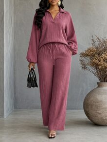 SHEIN Lady Setelan 2 Potong Kemeja & Celana Kasual Wanita, Musim Gugur - Berwarna merah muda - View 3