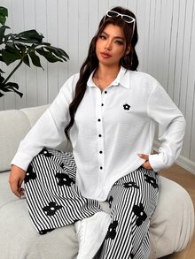 SHEIN EZwear 大尺碼女款花卉印花長袖上衣與條紋長褲休閒日常兩件套秋季 - 黑與白 - 查看 4