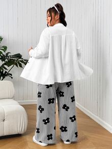 SHEIN EZwear 大尺碼女款花卉印花長袖上衣與條紋長褲休閒日常兩件套秋季 - 黑與白 - 查看 3