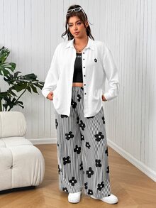 SHEIN EZwear 大尺碼女款花卉印花長袖上衣與條紋長褲休閒日常兩件套秋季 - 黑與白 - 查看 1