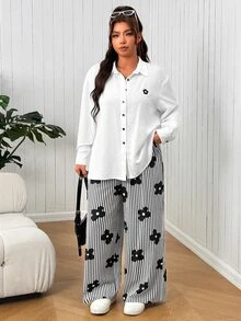 SHEIN EZwear 大尺碼女款花卉印花長袖上衣與條紋長褲休閒日常兩件套秋季 - 黑與白 - 查看 5