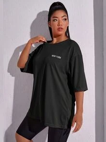 SHEIN Rhythm Era 1pc Plus Size Women's Casual Versatile Black Letter Print Sports T-Shirt - Black - View 7