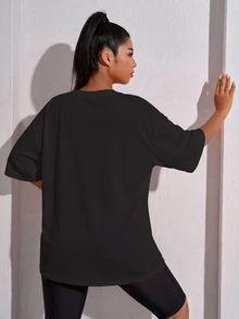 SHEIN Rhythm Era 1pc Plus Size Women's Casual Versatile Black Letter Print Sports T-Shirt - Black - View 2