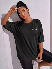 SHEIN Rhythm Era 1pc Plus Size Women's Casual Versatile Black Letter Print Sports T-Shirt - Black - View 5