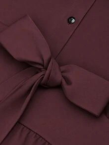 Weeklong Women's Plus Size Casual Commute Elegant Party Wine Red Solid Color Lapel Long Sleeve Waist Bow Tie Design Long Dress Suitable For Spring And Autumn - Burgundy - View 6