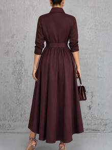 Weeklong Women's Plus Size Casual Commute Elegant Party Wine Red Solid Color Lapel Long Sleeve Waist Bow Tie Design Long Dress Suitable For Spring And Autumn - Burgundy - View 4