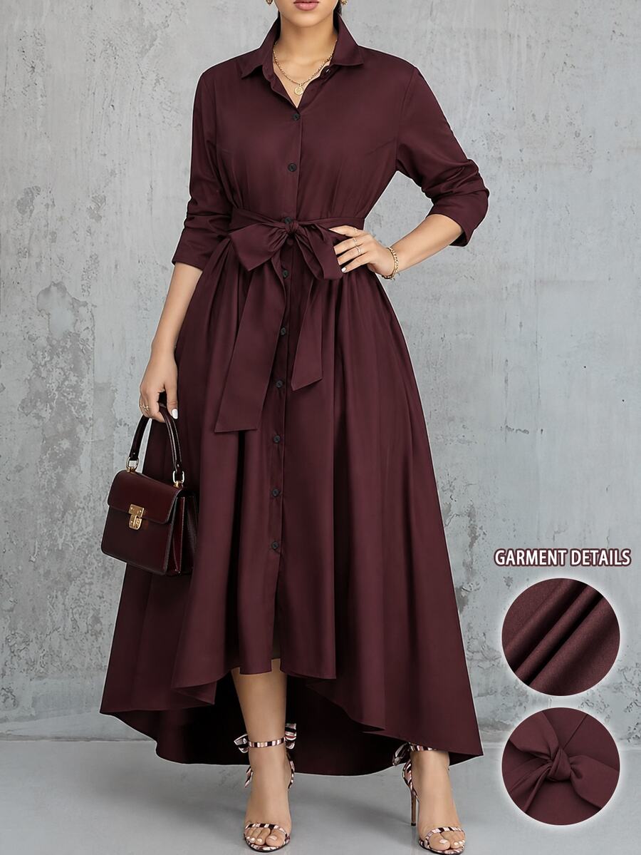 Weeklong Women's Plus Size Casual Commute Elegant Party Wine Red Solid Color Lapel Long Sleeve Waist Bow Tie Design Long Dress Suitable For Spring And Autumn - Burgundy - View 1