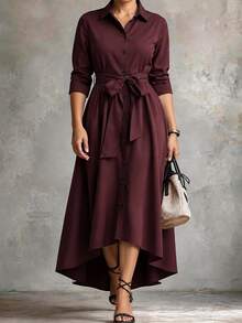 Weeklong Women's Plus Size Casual Commute Elegant Party Wine Red Solid Color Lapel Long Sleeve Waist Bow Tie Design Long Dress Suitable For Spring And Autumn - Burgundy - View 5