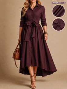 Weeklong Women's Plus Size Casual Commute Elegant Party Wine Red Solid Color Lapel Long Sleeve Waist Bow Tie Design Long Dress Suitable For Spring And Autumn - Burgundy - View 2