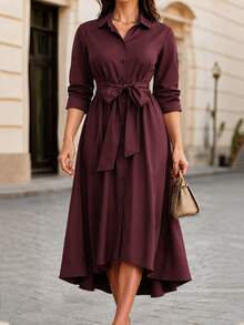 Weeklong Women's Plus Size Casual Commute Elegant Party Wine Red Solid Color Lapel Long Sleeve Waist Bow Tie Design Long Dress Suitable For Spring And Autumn - Burgundy - View 3