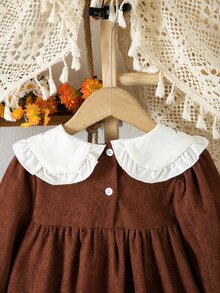 SHEIN 女童秋季棕色燈芯絨寬鬆長袖洋裝，彈性袖口、精緻領口、碎花設計，感恩節母女套裝，7歲生日禮物 - 彩色 - 查看 4