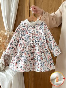 SHEIN Vintaside Kids 女嬰幼童女款連帽夾克外套，可愛甜美白色粉色花卉印花，毛絨內裡，長袖連帽加厚，冬季秋季假日毛絨款 - 杏色 - 查看 3