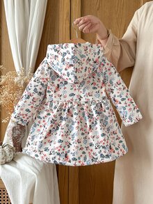 SHEIN Vintaside Kids 女嬰幼童女款連帽夾克外套，可愛甜美白色粉色花卉印花，毛絨內裡，長袖連帽加厚，冬季秋季假日毛絨款 - 杏色 - 查看 2