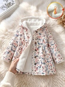 SHEIN Vintaside Kids 女嬰幼童女款連帽夾克外套，可愛甜美白色粉色花卉印花，毛絨內裡，長袖連帽加厚，冬季秋季假日毛絨款 - 杏色 - 查看 6