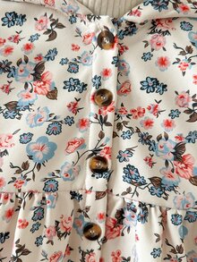 SHEIN Vintaside Kids 女嬰幼童女款連帽夾克外套，可愛甜美白色粉色花卉印花，毛絨內裡，長袖連帽加厚，冬季秋季假日毛絨款 - 杏色 - 查看 7