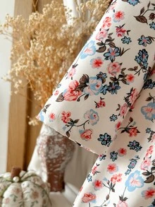 SHEIN Vintaside Kids 女嬰幼童女款連帽夾克外套，可愛甜美白色粉色花卉印花，毛絨內裡，長袖連帽加厚，冬季秋季假日毛絨款 - 杏色 - 查看 4