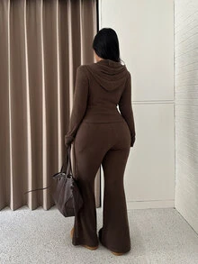 GalTyme Autumn/Winter Cargo Casual Baggy Ribbed Hooded Zip-Up Top Solid Color Slim Leggings Homewear Formal Plus Size 2 Pieces Set Fall Brown Holiday - Brown - View 2
