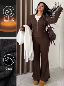 GalTyme Autumn/Winter Cargo Casual Baggy Ribbed Hooded Zip-Up Top Solid Color Slim Leggings Homewear Formal Plus Size 2 Pieces Set Fall Brown Holiday - Brown - View 8