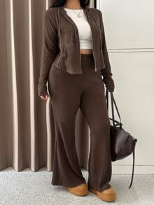 GalTyme Autumn/Winter Cargo Casual Baggy Ribbed Hooded Zip-Up Top Solid Color Slim Leggings Homewear Formal Plus Size 2 Pieces Set Fall Brown Holiday - Brown - View 6