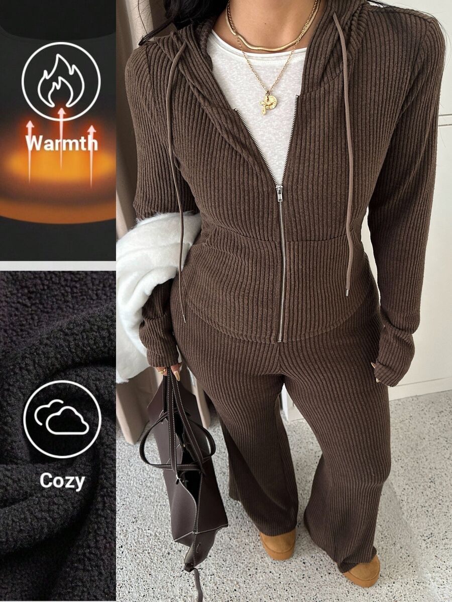 GalTyme Autumn/Winter Cargo Casual Baggy Ribbed Hooded Zip-Up Top Solid Color Slim Leggings Homewear Formal Plus Size 2 Pieces Set Fall Brown Holiday - Brown - View 1